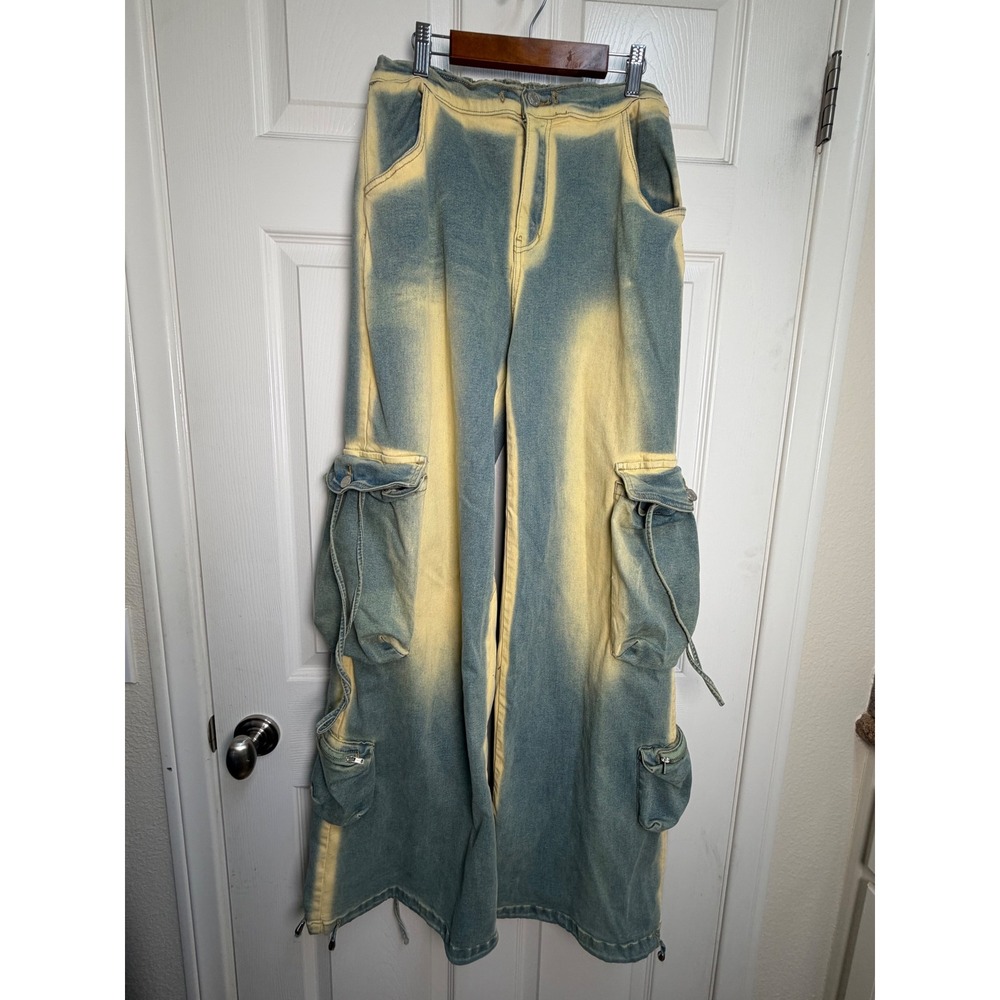 Akira Yellow Blue Acid Wash Cargo Wide Leg Denim Pants XL GLK-8-611 Streetwear